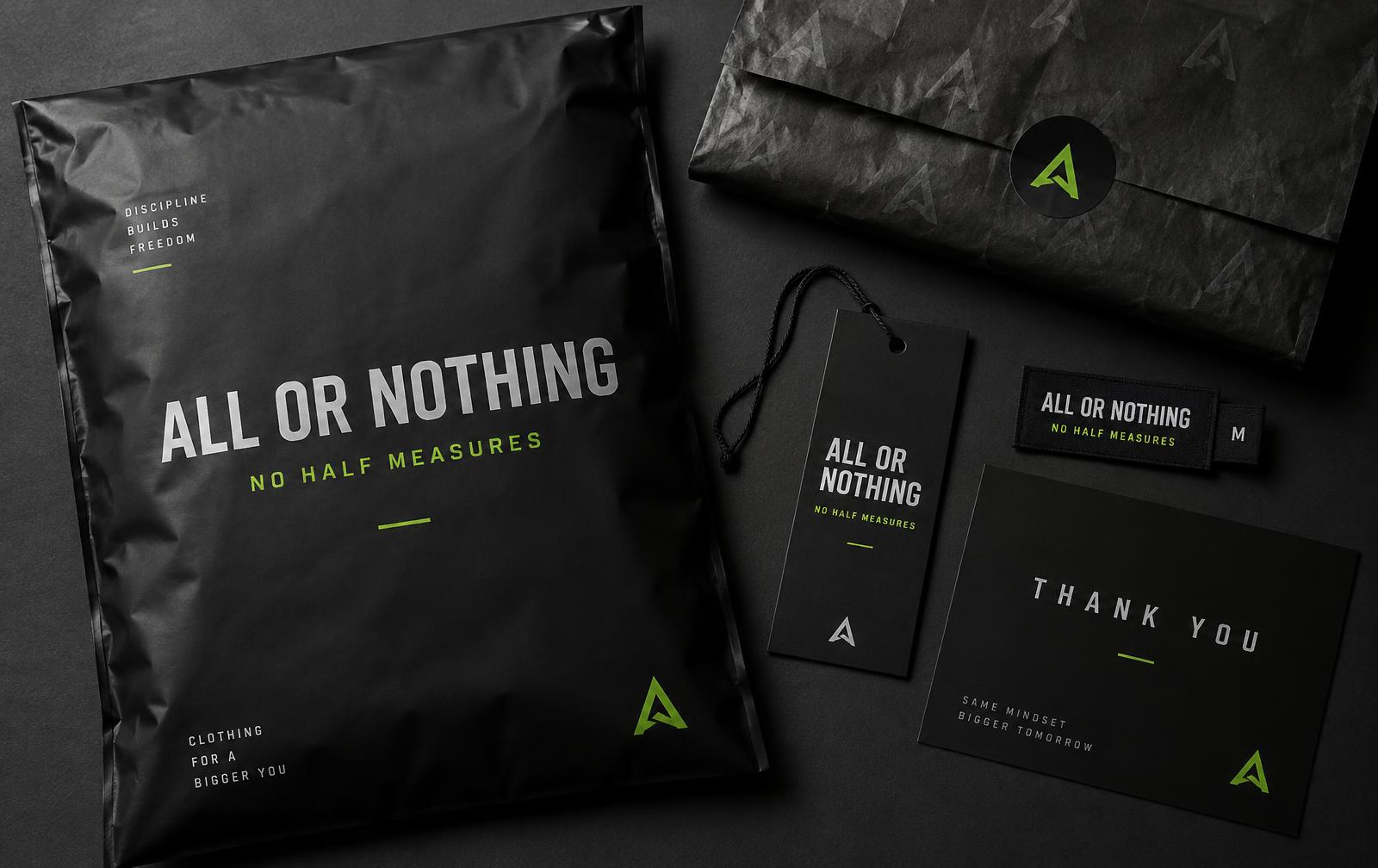 AON mailing bag, swing tag, woven label and thank-you card